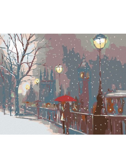 Diamantové maľovanie - MILENCI NA MOSTE A PADAJÚCI SNEH (Rámovanie bez rámu a bez vypnutia plátna, Rozmer 40x50 cm)