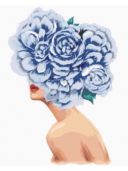 Diamantové maľovanie - ŽENA S MODRÝMI KVETMI NA HLAVE (Rámovanie bez rámu a bez vypnutia plátna, Rozmer 40x50 cm)