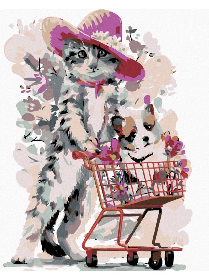 Diamantové maľovanie - MAČIATKO A ŠTENIATKO V NÁKUPNOM KOŠÍKU (Rámovanie bez rámu a bez vypnutia plátna, Rozmer 40x50 cm)