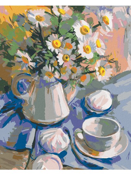 Diamantové maľovanie - MARGARÉTY VO VÁZE NA MODROM OBRUSE (Rámovanie bez rámu a bez vypnutia plátna, Rozmer 40x50 cm)