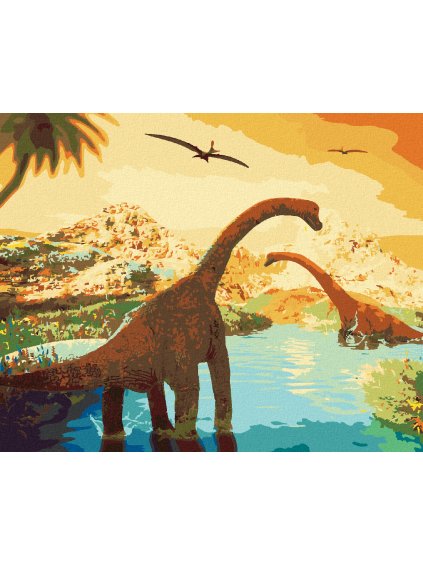 Diamantové maľovanie - KRÁSNA KRAJINA S DINOSAURAMI (Rámovanie bez rámu a bez vypnutia plátna, Rozmer 40x50 cm)