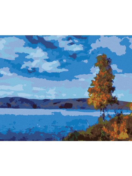 Diamantové maľovanie - JAZERO S MODROU OBLOHOU (Rámovanie bez rámu a bez vypnutia plátna, Rozmer 40x50 cm)