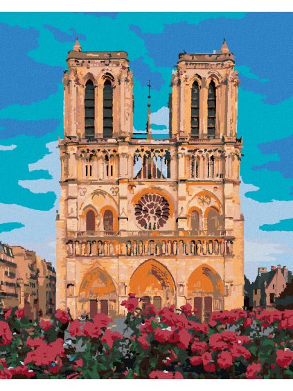 Diamantové maľovanie - NOTRE DAME V PARÍŽI A ČERVENÉ KVETY (Rámovanie bez rámu a bez vypnutia plátna, Rozmer 40x50 cm)