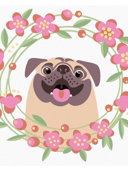 Diamantové maľovanie - ŠŤASTNÝ MOPS S KVETMI (Rámovanie bez rámu a bez vypnutia plátna, Rozmer 40x50 cm)