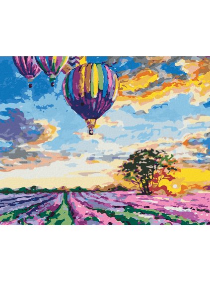 Diamantové maľovanie - TEPLOVZDUŠNÉ BALÓNY A LEVANDUĽA (Rámovanie bez rámu a bez vypnutia plátna, Rozmer 40x50 cm)