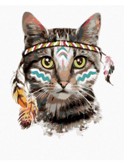 Diamantové maľovanie - MAČKA S INDIÁNSKOU ČELENKOU (Rámovanie bez rámu a bez vypnutia plátna, Rozmer 40x50 cm)