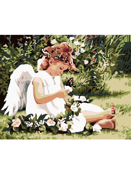 Diamantové maľovanie - ANJELIK MEDZI KVETMI (Rámovanie bez rámu a bez vypnutia plátna, Rozmer 40x50 cm)