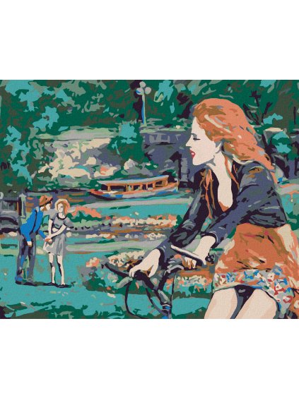 Diamantové maľovanie - ŽENA NA BICYKLI V PARKU (Rámovanie bez rámu a bez vypnutia plátna, Rozmer 40x50 cm)