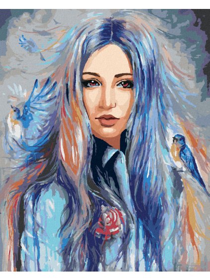 Diamantové maľovanie - ŽENA S MODRÝMI VTÁKMI (Rámovanie bez rámu a bez vypnutia plátna, Rozmer 40x50 cm)
