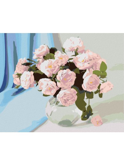 Diamantové maľovanie - RUŽOVÉ KVETY VO VÁZE A MODRÝ ZÁVES (Rámovanie bez rámu a bez vypnutia plátna, Rozmer 40x50 cm)