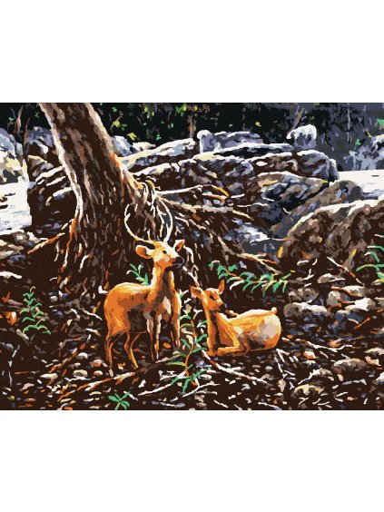 Diamantové maľovanie - DVA JELENIA V LESE (Rámovanie bez rámu a bez vypnutia plátna, Rozmer 40x50 cm)