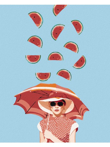 Diamantové maľovanie - ŽENA S DÁŽDNIKOM A PADAJÚCE MELÓNY (Rámovanie bez rámu a bez vypnutia plátna, Rozmer 40x50 cm)