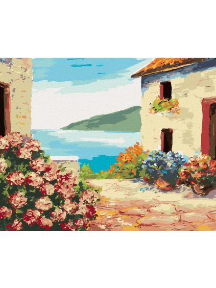 Diamantové maľovanie - DOM PRI MORI A KVETY (Rámovanie bez rámu a bez vypnutia plátna, Rozmer 40x50 cm)
