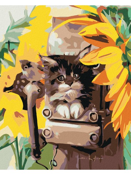 Diamantové maľovanie - MAČIATKO V BÚDKE A SLNEČNICA (Rámovanie bez rámu a bez vypnutia plátna, Rozmer 40x50 cm)