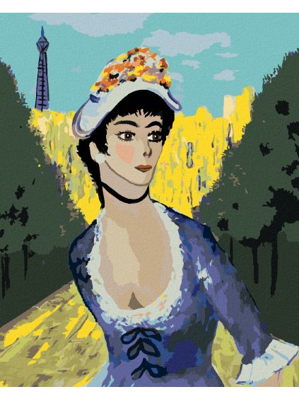 Diamantové maľovanie - ŽENA V PARKU PRED EIFFELOVOU VEŽOU (Rámovanie bez rámu a bez vypnutia plátna, Rozmer 40x50 cm)