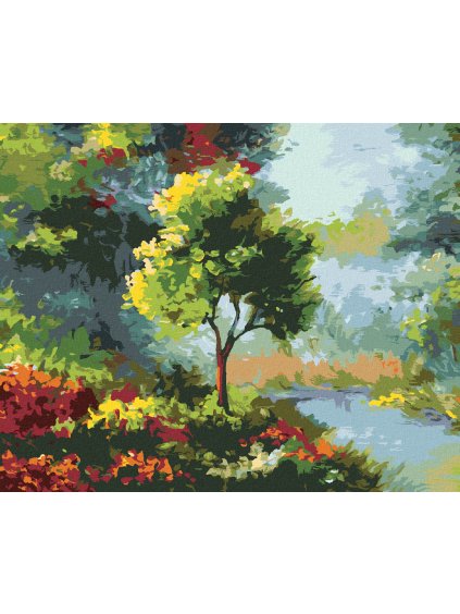 Diamantové maľovanie - STROM MEDZI KVETMI NA RIEKE (Rámovanie bez rámu a bez vypnutia plátna, Rozmer 40x50 cm)