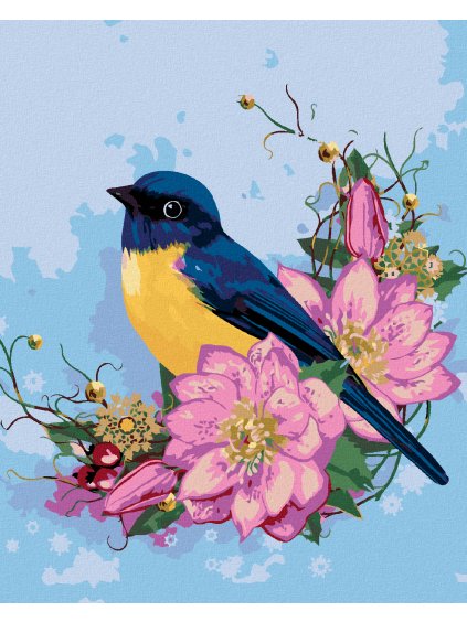 Diamantové maľovanie - MODRÝ VTÁK A RUŽOVÉ KVETY (Rámovanie bez rámu a bez vypnutia plátna, Rozmer 40x50 cm)