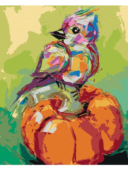 Diamantové maľovanie - FAREBNÝ VTÁK NA TEKVICI (Rámovanie bez rámu a bez vypnutia plátna, Rozmer 40x50 cm)