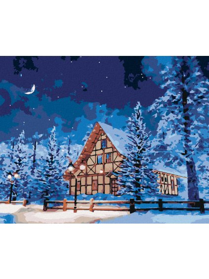 Diamantové maľovanie - ZASNEŽENÝ ZRUB NA HORÁCH (Rámovanie bez rámu a bez vypnutia plátna, Rozmer 40x50 cm)