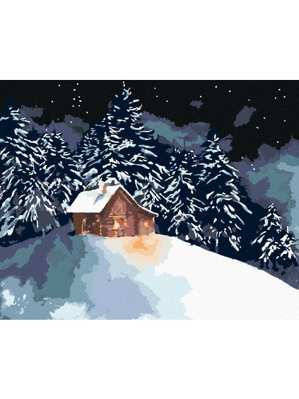 Diamantové maľovanie - LESNÝ ZRUB NA ZASNEŽENOM KOPČEKU (Rámovanie bez rámu a bez vypnutia plátna, Rozmer 40x50 cm)
