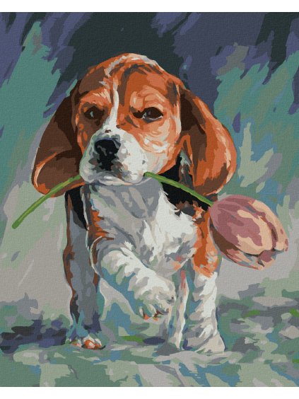 Diamantové maľovanie - PSÍK S TULIPÁNOM (Rámovanie bez rámu a bez vypnutia plátna, Rozmer 40x50 cm)