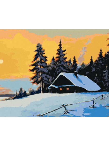 Diamantové maľovanie - ZRUB V ZIMNOM LESE A ZÁPAD SLNKA (Rámovanie bez rámu a bez vypnutia plátna, Rozmer 40x50 cm)