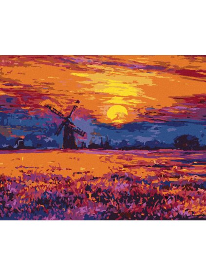 Diamantové maľovanie - FAREBNÝ ZÁPAD SLNKA A VETRNÝ MLYN (Rámovanie bez rámu a bez vypnutia plátna, Rozmer 40x50 cm)