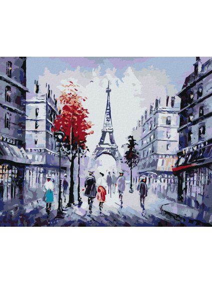 Diamantové maľovanie - POHĽAD NA ULICI V PARÍŽI A FAREBNÝ STROM (Rámovanie bez rámu a bez vypnutia plátna, Rozmer 40x50 cm)