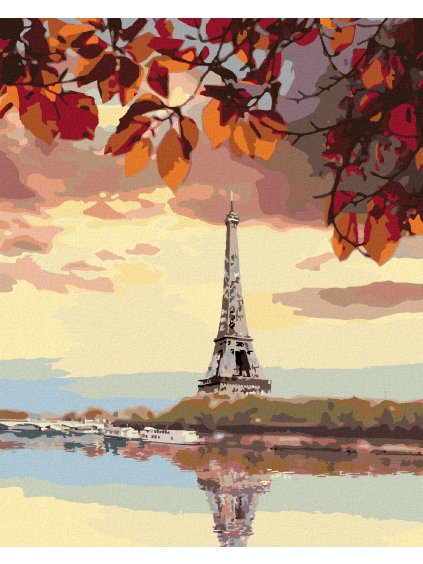 Diamantové maľovanie - EIFFELOVA VEŽA A JESENNÉ LISTIE (Rámovanie bez rámu a bez vypnutia plátna, Rozmer 40x50 cm)