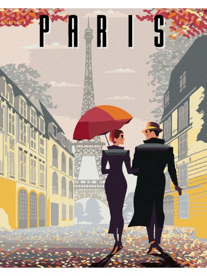 Diamantové maľovanie - PÁR S DÁŽDNIKOM A EIFFELOVA VEŽA (Rámovanie bez rámu a bez vypnutia plátna, Rozmer 40x50 cm)