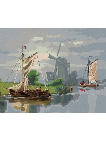 Diamantové maľovanie - VETERNÝ MLYN A PLACHETNIČKY (Rámovanie bez rámu a bez vypnutia plátna, Rozmer 40x50 cm)