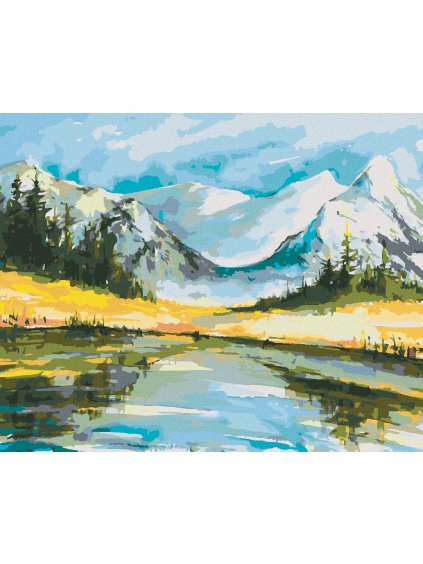 Diamantové maľovanie - ZASNEŽENÉ HORY S JAZEROM (Rámovanie bez rámu a bez vypnutia plátna, Rozmer 40x50 cm)