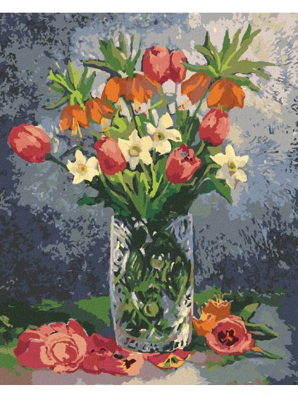 Diamantové maľovanie - TULIPÁNY A ĎALŠIE JARNÉ KVETY VO VÁZE (Rámovanie bez rámu a bez vypnutia plátna, Rozmer 40x50 cm)