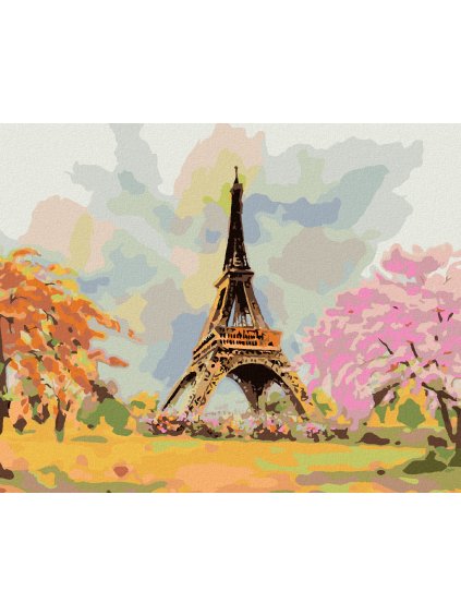 Diamantové maľovanie - EIFFELOVA VEŽA A RUŽOVÝ STROM (Rámovanie bez rámu a bez vypnutia plátna, Rozmer 40x50 cm)