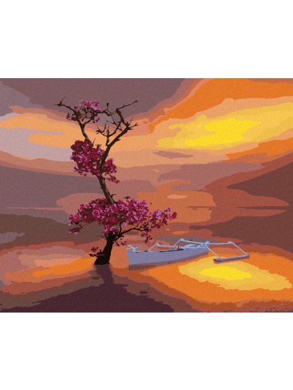 Diamantové maľovanie - LOĎKA S NÁDHERNE KVITNÚCIM STROMOM (Rámovanie bez rámu a bez vypnutia plátna, Rozmer 40x50 cm)