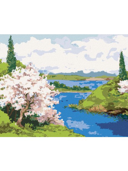 Diamantové maľovanie - KVITNÚCE STROMY NA BREHU KĽUKATEJ RIEKY (Rámovanie bez rámu a bez vypnutia plátna, Rozmer 40x50 cm)