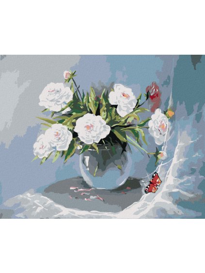 Diamantové maľovanie - BIELE KVETY VO VÁZE A MOTÝĽ (Rámovanie bez rámu a bez vypnutia plátna, Rozmer 40x50 cm)