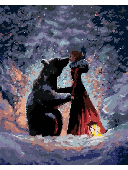 Diamantové maľovanie - DIEVČA V ČEREVENÝCH ŠATÁCH A MEDVEĎ (Rámovanie bez rámu a bez vypnutia plátna, Rozmer 40x50 cm)