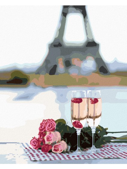 Diamantové maľovanie - POHÁRE A RUŽE V PARÍŽI A EIFFELOVA VEŽA 2 (Rámovanie bez rámu a bez vypnutia plátna, Rozmer 40x50 cm)