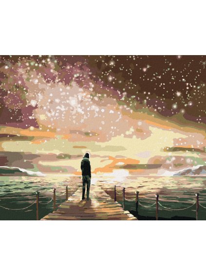 Diamantové maľovanie - MUŽ NA MÓLE POD ŽIARIACOU OBLOHOU (Rámovanie bez rámu a bez vypnutia plátna, Rozmer 40x50 cm)