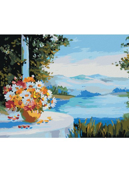 Diamantové maľovanie - DOM PRI MORI S KVETMI NA STOLE (Rámovanie bez rámu a bez vypnutia plátna, Rozmer 40x50 cm)