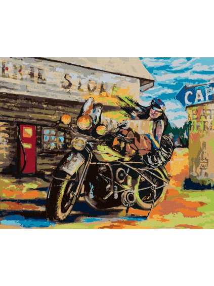 Diamantové maľovanie - ŽENA A MOTORKA (Rámovanie bez rámu a bez vypnutia plátna, Rozmer 40x50 cm)