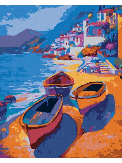 Diamantové maľovanie - FAREBNÉ LOĎKY NA BREHU (Rámovanie bez rámu a bez vypnutia plátna, Rozmer 40x50 cm)