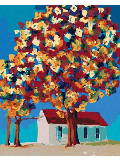 Diamantové maľovanie - FAREBNÉ STROMY A DOMČEK (Rámovanie bez rámu a bez vypnutia plátna, Rozmer 40x50 cm)