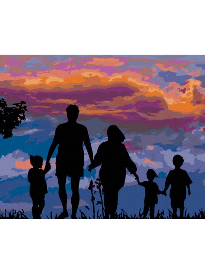 Diamantové maľovanie - VEĽKÁ RODINA A ZÁPAD SLNKA (Rámovanie bez rámu a bez vypnutia plátna, Rozmer 40x50 cm)