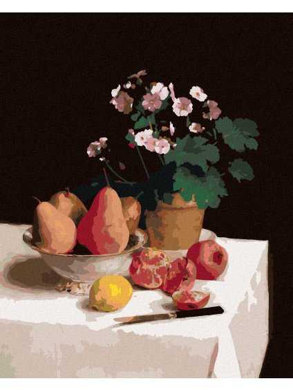 Diamantové maľovanie - ZÁTIŠIE, PRVOSIENKY, HRUŠKY A GRANÁTOVÉ JABLKÁ (HENRI FANTIN-LATOUR) (Rámovanie bez rámu a bez vypnutia plátna, Rozmer 40x50 cm)