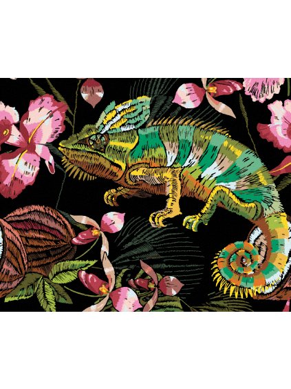 Diamantové maľovanie - CHAMELEÓN A ORCHIDEY (Rámovanie bez rámu a bez vypnutia plátna, Rozmer 40x50 cm)