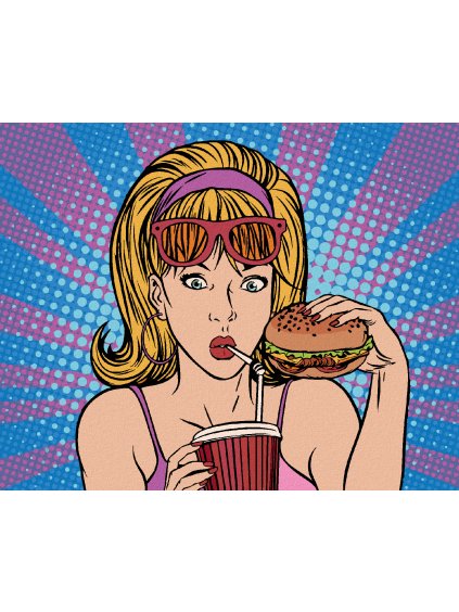 Diamantové maľovanie - POP-ART ŽENA VO FASTFOODE (Rámovanie bez rámu a bez vypnutia plátna, Rozmer 40x50 cm)