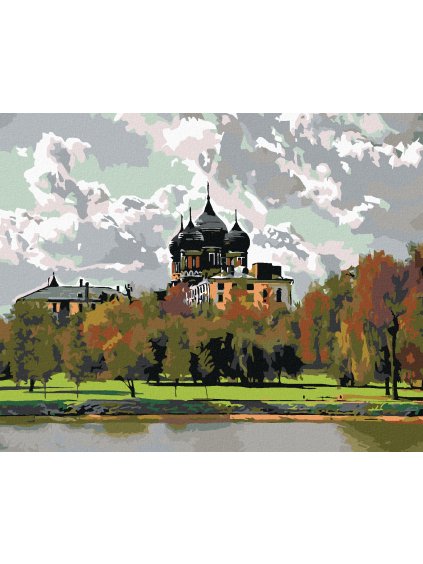 Diamantové maľovanie - ZÁMOČEK PRI RIEKE (Rámovanie bez rámu a bez vypnutia plátna, Rozmer 40x50 cm)