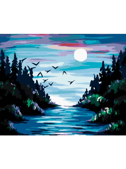 Diamantové maľovanie - MESIAC NAD RIEKOU (Rámovanie bez rámu a bez vypnutia plátna, Rozmer 40x50 cm)